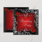 Birthday Party Red Rose Silver Floral Black Kaart (Voorkant / Achterkant)