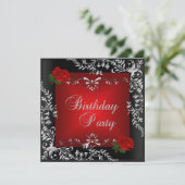 Birthday Party Red Rose Silver Floral Black Kaart (Staand voorkant)