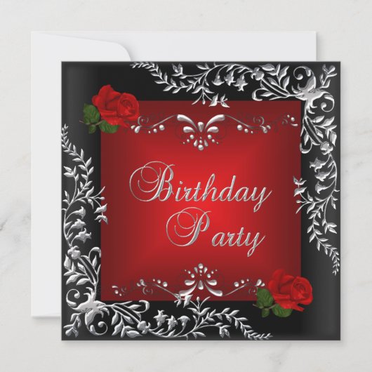 Birthday Party Red Rose Silver Floral Black Kaart (Voorkant)