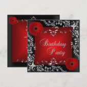 Birthday Party Red Silver Floral Black Kaart (Voorkant / Achterkant)