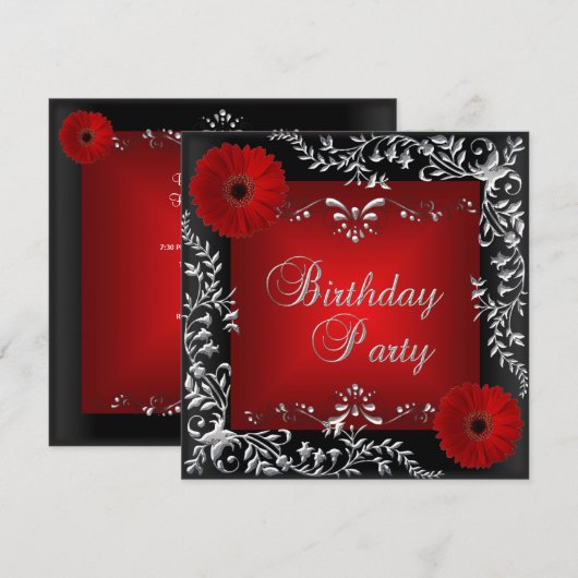 Birthday Party Red Silver Floral Black Kaart (Voorkant / Achterkant)