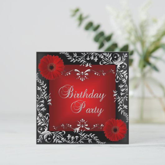 Birthday Party Red Silver Floral Black Kaart (Staand voorkant)