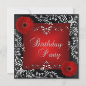 Birthday Party Red Silver Floral Black Kaart (Voorkant)