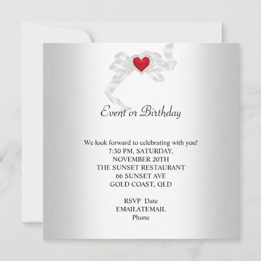 Birthday Party Red Silver White Diamond Heart Kaart (Achterkant)