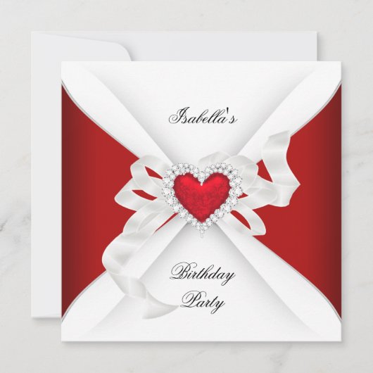 Birthday Party Red Silver White Diamond Heart Kaart (Voorkant)