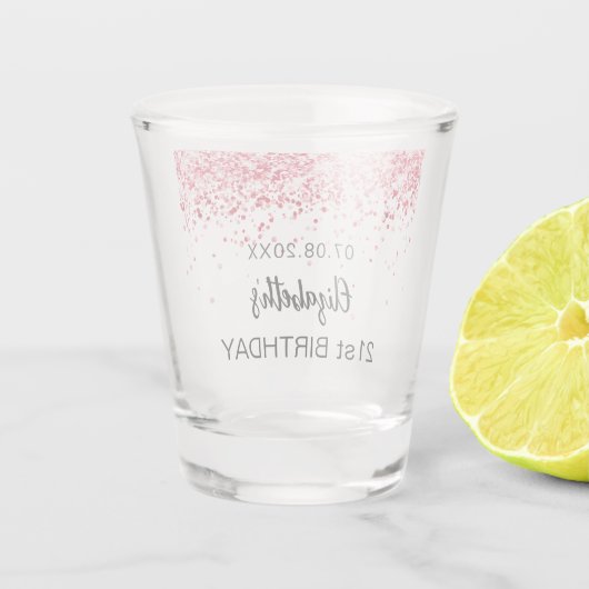 Birthday party red sparkles name shot glas (Achterkant)