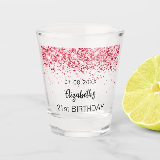 Birthday party red sparkles name shot glas (Voorkant)