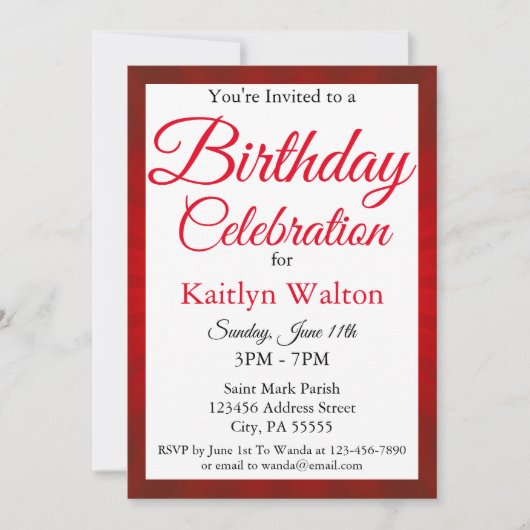 Birthday Party Red Sunburst Script Kaart (Voorkant)