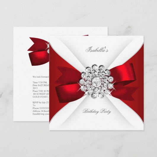 Birthday Party Red White Diamond Red Bow Kaart (Voorkant / Achterkant)
