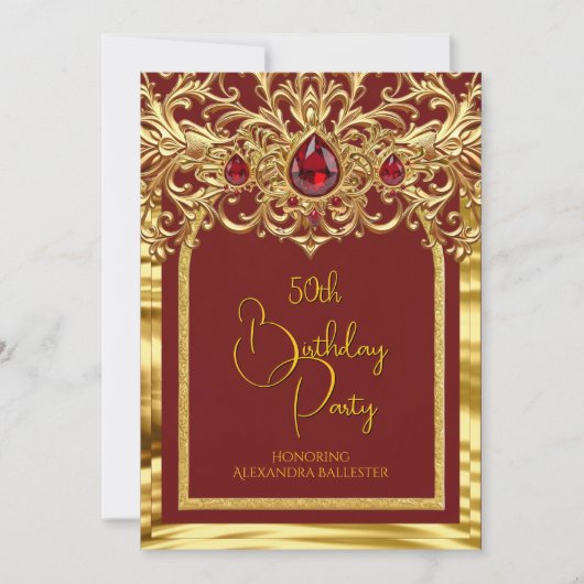 Birthday Party Regal Red Gold Lace Diamonds Gems Kaart (Voorkant)