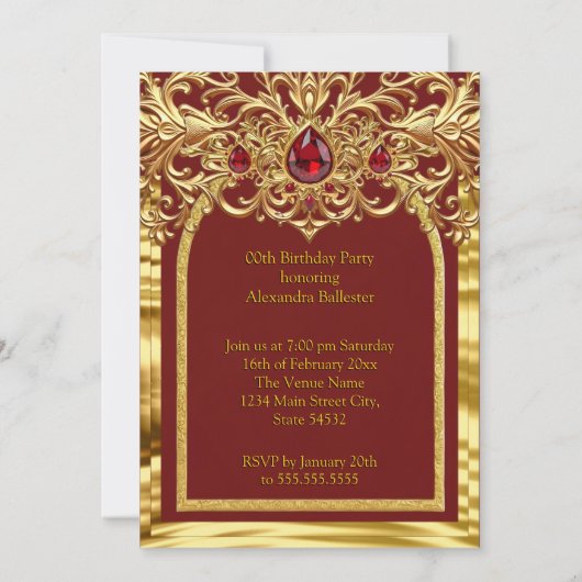 Birthday Party Regal Red Gold Lace Diamonds Gems Kaart (Achterkant)