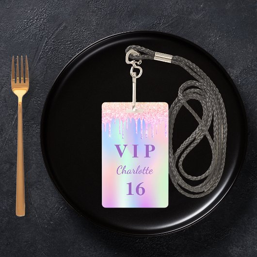 Birthday party regenbooglitter name VIP uitnodigin Badge