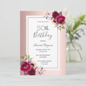 Birthday party roos gold Bourgogne floralen Kaart (Staand voorkant)