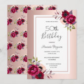 Birthday party roos gold Bourgogne floralen Kaart (Voorkant / Achterkant)