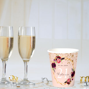 Birthday party roos gold burgundy florals glitter papieren bekers