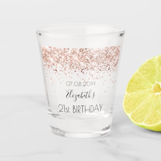Birthday party roos gold confetti name shot glas (Voorkant)