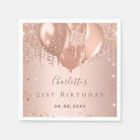 Birthday party roos gold glitter ballonnen naam servet (Voorkant)