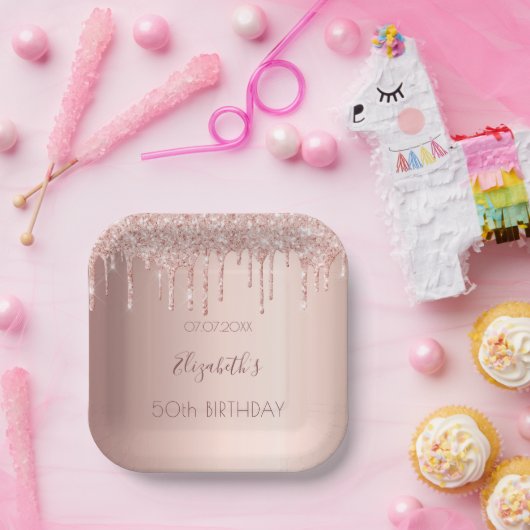 Birthday party roos gold glitter blush drids name papieren bordje (Feest)