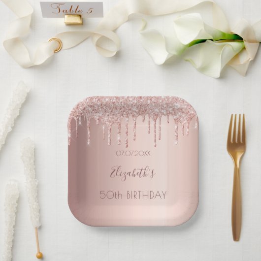 Birthday party roos gold glitter blush drids name papieren bordje (Huwelijk)