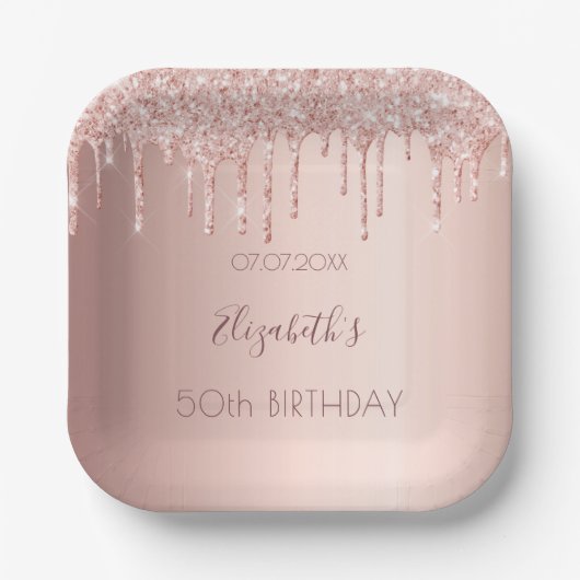 Birthday party roos gold glitter blush drids name papieren bordje (Voorkant)