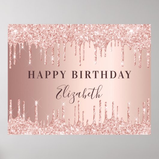 Birthday party roos gold glitter drift name poster (Voorkant)