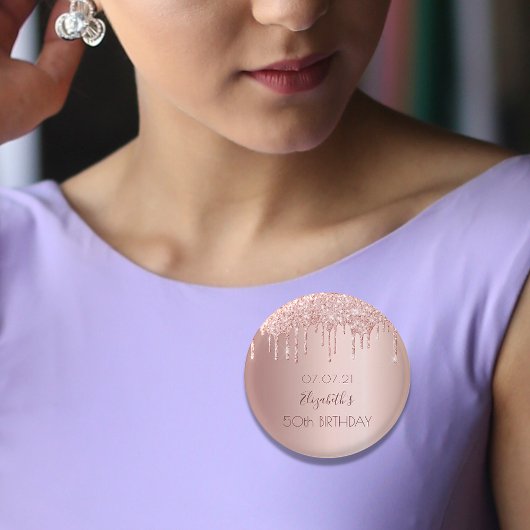 Birthday party roos gold glitter drift name ronde button 3,2 cm