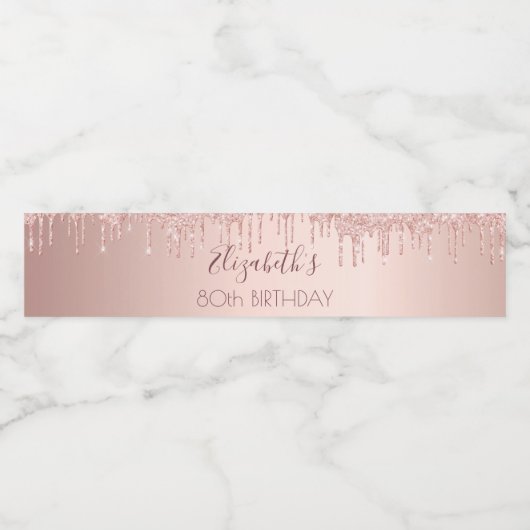 Birthday party roos gold glitter drift name waterfles etiket (Enkel label)