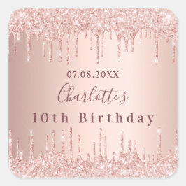 Birthday party roos gold glitter druppelt roze lux vierkante sticker