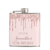 Birthday party roos gold glitter druppelt roze naa heupfles (Voorkant)