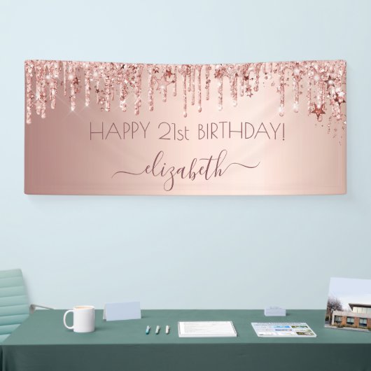 Birthday party roos gold glitter druppelt roze ste spandoek (Beurs)