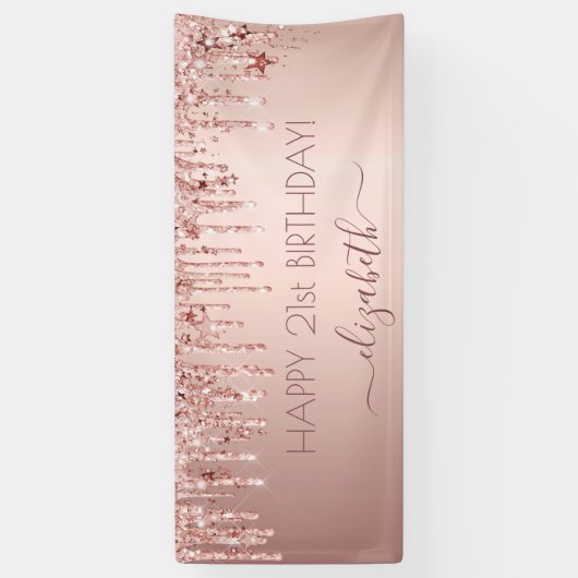 Birthday party roos gold glitter druppelt roze ste spandoek (Verticaal)