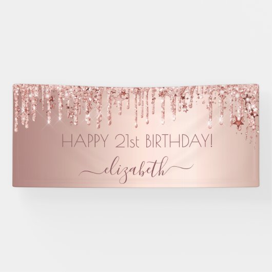Birthday party roos gold glitter druppelt roze ste spandoek (Horizontaal)