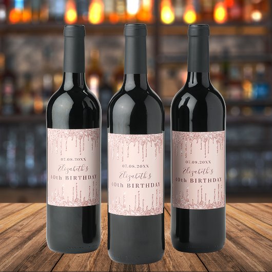 Birthday party roos gold glitter monogram luxe wijn etiket