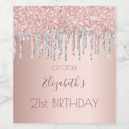 Birthday party roos gold glitter roze vonk name wijn etiket (Enkel label)