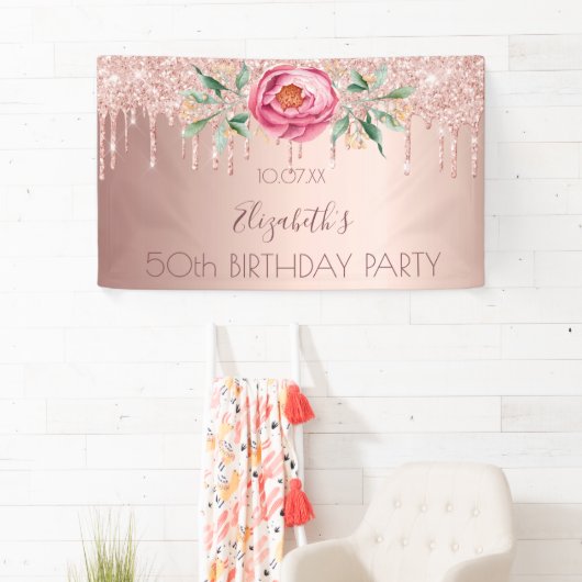 Birthday party roos goud glitter druppelt roze flo spandoek (Insitu)