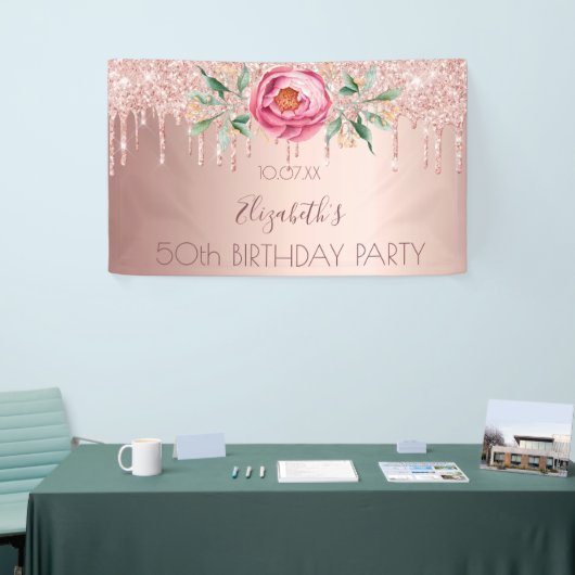 Birthday party roos goud glitter druppelt roze flo spandoek (Beurs)