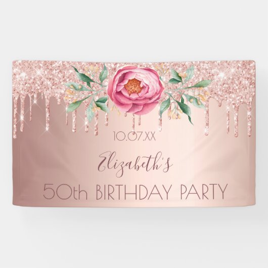 Birthday party roos goud glitter druppelt roze flo spandoek (Horizontaal)