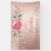 Birthday party roos goud glitter druppelt roze flo spandoek (Verticaal)