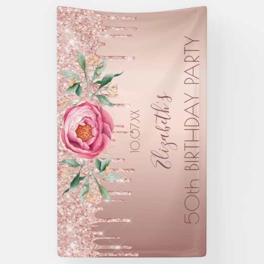 Birthday party roos goud glitter druppelt roze flo spandoek (Verticaal)