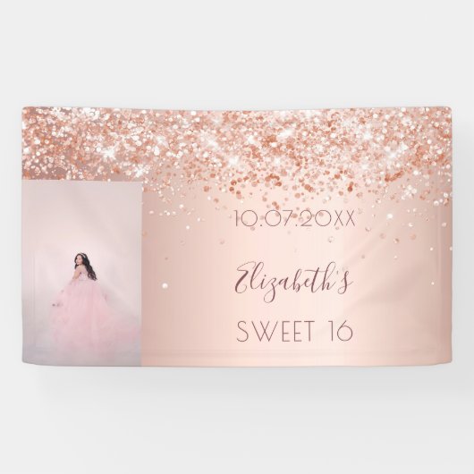 Birthday party roos goud glitter foto welkom spandoek (Horizontaal)