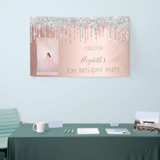 Birthday party roos goud glitter roze zilver spandoek (Beurs)