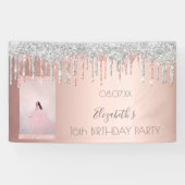 Birthday party roos goud glitter roze zilver spandoek (Horizontaal)