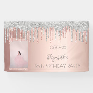 Birthday party roos goud glitter roze zilver spandoek