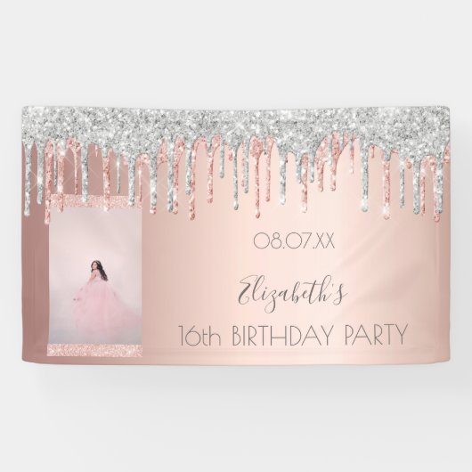 Birthday party roos goud glitter roze zilver spandoek (Horizontaal)