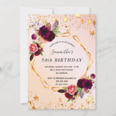 Birthday party roos gouden sterren bogundy florals kaart (Voorkant)