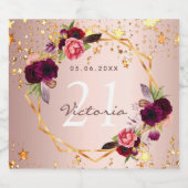Birthday party roos gouden sterren bogundy florals sparkling wijnetiket (Enkel label)