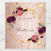 Birthday party roos gouden sterren bogundy florals wijn etiket (Enkel label)