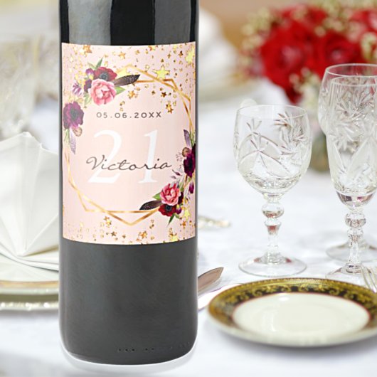 Birthday party roos gouden sterren bogundy florals wijn etiket
