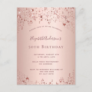 Birthday party roos gouden sterren glazen uitnodig briefkaart