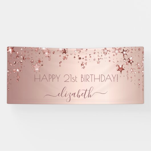 Birthday party roos gouden sterren roze vonk spandoek (Horizontaal)